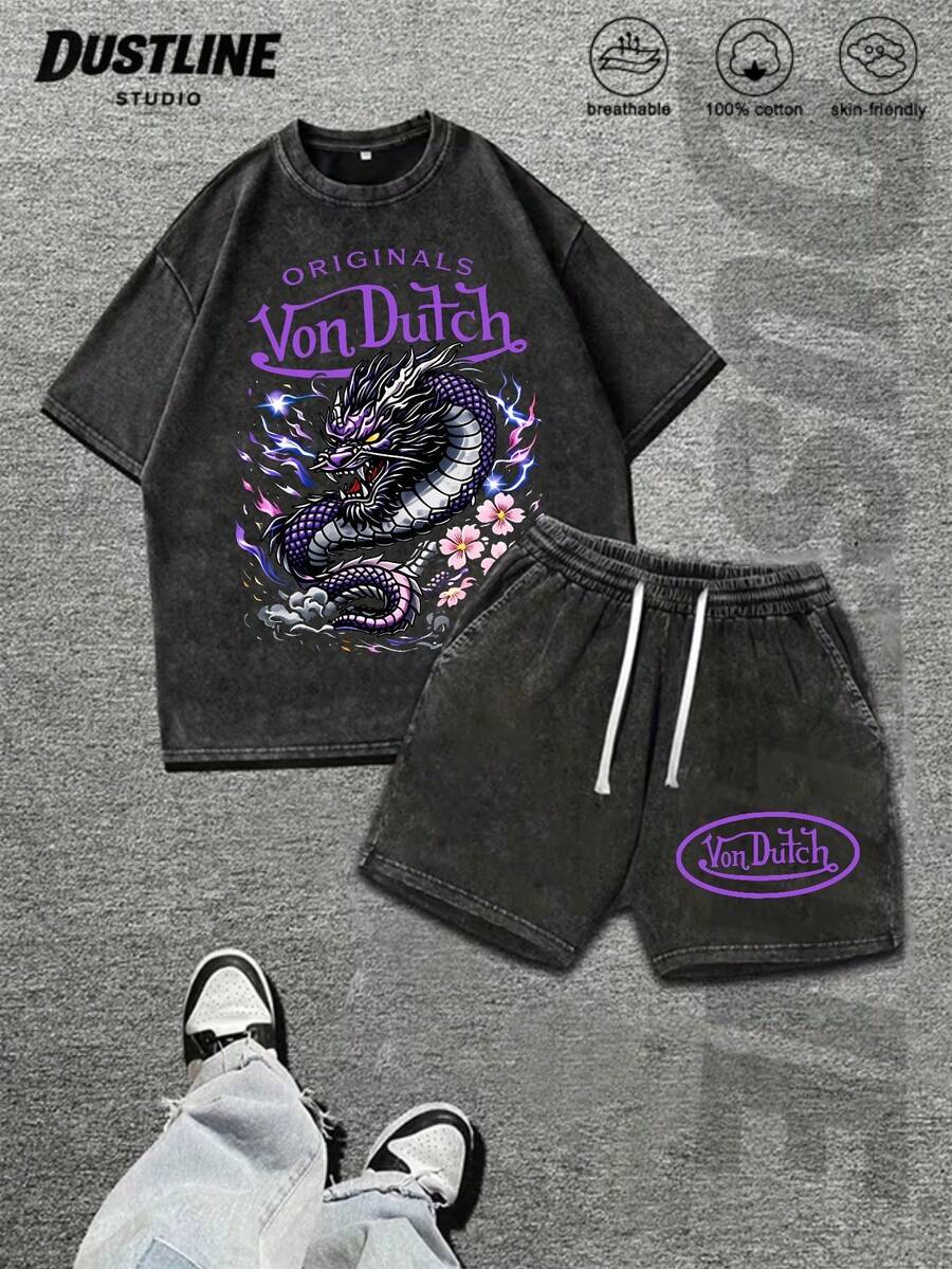 Mens Creative T Shirt And Shorts Set American Vintage Full Print Street Wear Essential T Shirt Set Men Graphic T Shirt And Shorts Set With Dragon And Flowers Print Washed Look Vons Dutchs Logo Design For Casual Outfits Summer Wear - 黑色 - 查看 1