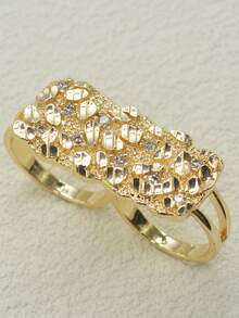 1pc Gold Block Double Finger Ring - Hiphop Style Gold Stacking Ring For Men - Yellow - View 4