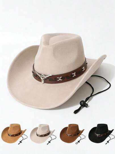 Cappello da cowboy occidentale  unisex con decorazione retrò a testa di toro, design a tesa larga, cappello da sole protettivo UV, tesa regolabile, dotato di corda antivento, adatto per feste, giochi di ruolo e vacanze all'aperto.
