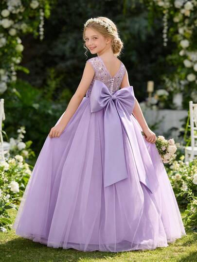 Tween Girl Elegant Bow Decor Dress, Flower Girl Princess Dress Suitable For Girls Wedding, Party, Birthday, Communion, Important Occasions