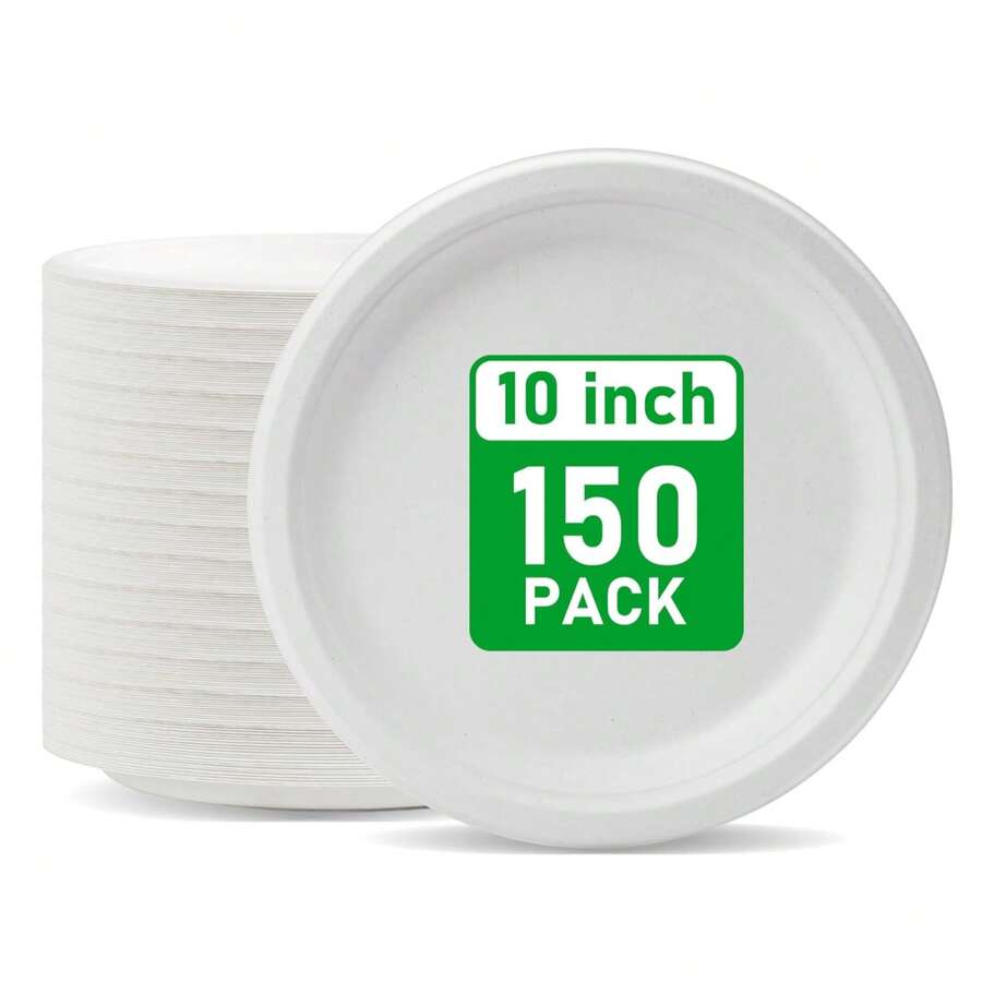 Bộ 7/25/50/100 đĩa giấy trắng phân hủy sinh học, dày 10 inch, làm từ sợi mía tự nhiên, không tẩy trắng, hình tròn. Thích hợp cho bữa ăn hàng ngày, nhà hàng, họp mặt gia đình, sự kiện đặc biệt, tiệc tùng, đám cưới, v.v. - trắng - Xem 1