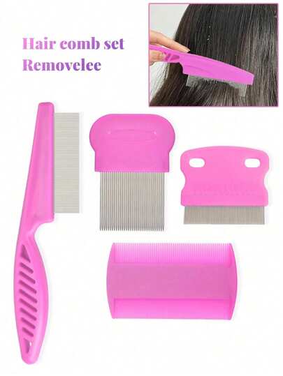 4pcs Pink Professional Lice Comb Set, Fine Tooth Comb, Anti-Hair Loss Brush Set, Lice Comb, Shower Brush, Depilation Brush, Lice And Dandruff Accessories, Hair Brush, Back Brush, Styling Brush, Curling Brush, Edge Brush, Comb, Combing, Comb Set, Curling Comb, Detangling Comb, Ladies Hair Brush, Hair, Travel, Hair Products, Hair Tools, Hair Accessories, Hairstylist, Hairdressing Accessories, Hairdressing Salon, Hairdressing Equipment