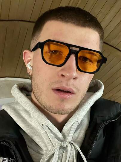 1PC Men's Aviator Style Glasses Frame, Polycarbonate Frame, Black Orange Minimalist Personality Casual Retro Versatile Fashion Glasses, Daily Wear Street Photography Travel Vacation With Glasses Box