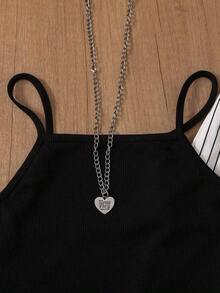 Women's Striped Casual Sleeveless Top And Pants Set, Suitable For Office And Garden, Spring/Summer - 黑色 - 查看 5