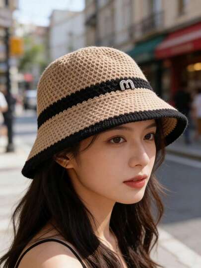 Summer Korean Style Wide Brim Bucket Hat, Foldable Straw, UV Protection Outdoor Sun Shading Beach Bucket Hat