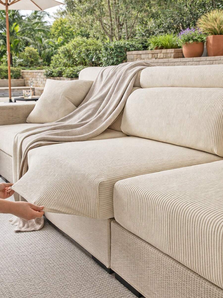 1 chiếc vỏ đệm ghế ngoài trời bằng vải nhung mềm mại, màu trơn, có độ co giãn cao, thích hợp cho ghế sofa ngoài trời, ghế sân vườn, an toàn cho thú cưng, có thể giặt được. - Màu be - Xem 1