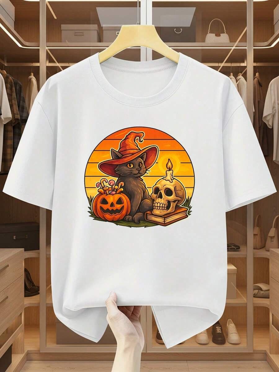 Camiseta cómoda y casual de manga corta para hombre, hecha de 100% algodón, con un divertido estampado de gato con temática de Halloween, talla grande. - Blanco - Ver 1
