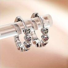 1 Đôi bông tai hình trái tim ngọt ngào lãng mạn đính đá Cubic Zirconia, thích hợp cho nữ giới đeo hàng ngày, dự tiệc và hẹn hò, món quà trang sức thời trang tối giản. - Bạc - Xem 2
