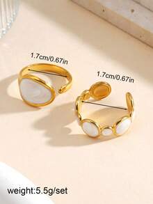 2Pcs 18K Gold Plated Stainless Steel Rings, White Enamel Round Hip Hop Style Ring Set For Women Daily Wear - Gold - View 2