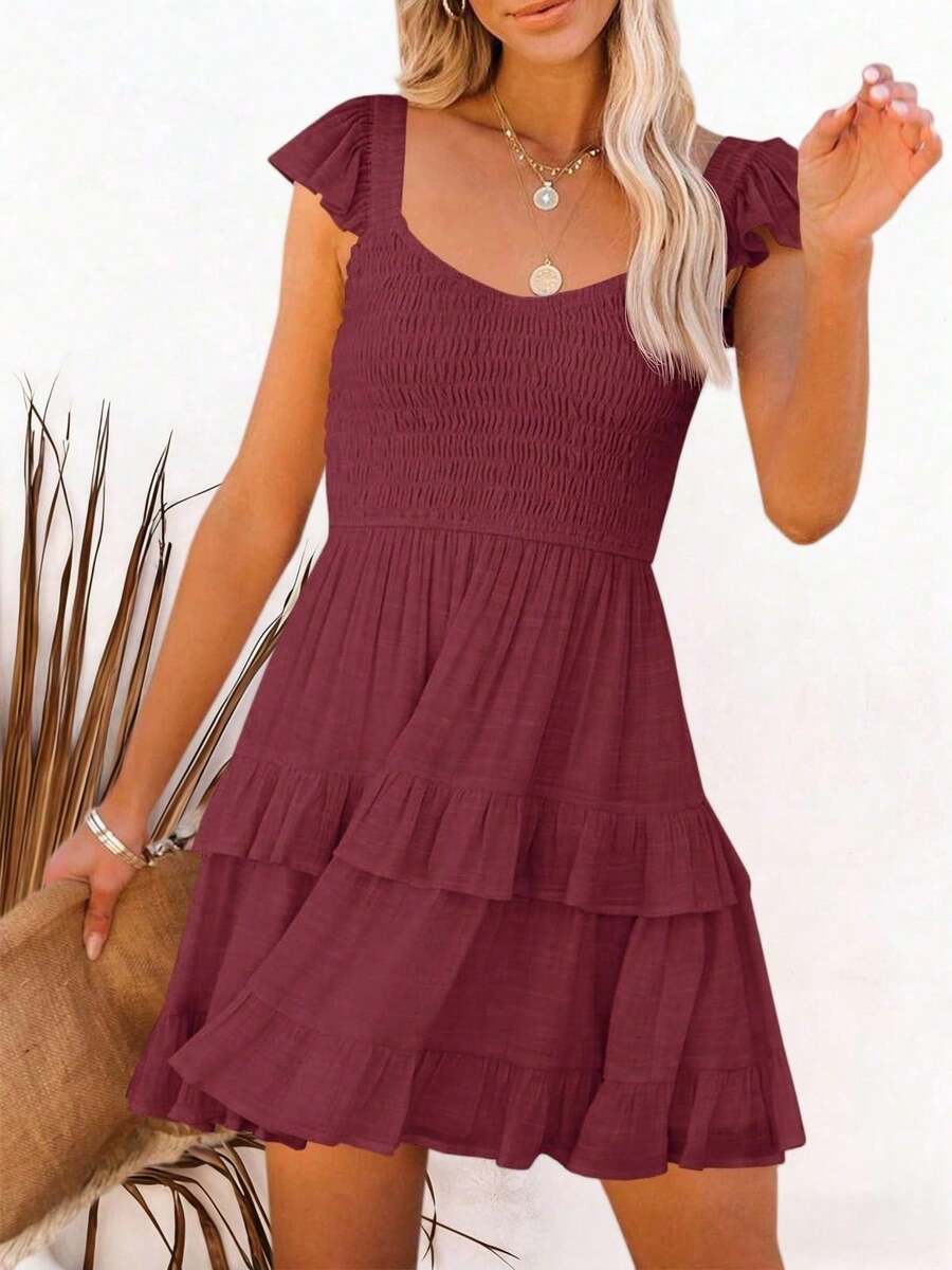Women's Summer Ruffle A Line Mini Dress Elastic Empire Waist Layered Swing Flowy Design - Màu Đỏ Sâu - Xem 1