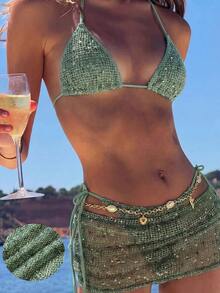 Valentine's Day Women's Summer Beach Bikini Set, Crochet Halter Tie Back Bikini, Bohemian Crochet Vacation Dress, Women's Beach Outfit Bikini 3-Piece Set, Suitable For Beach, Leisure, Vacation And Pool Party - 草綠色 - 查看 2