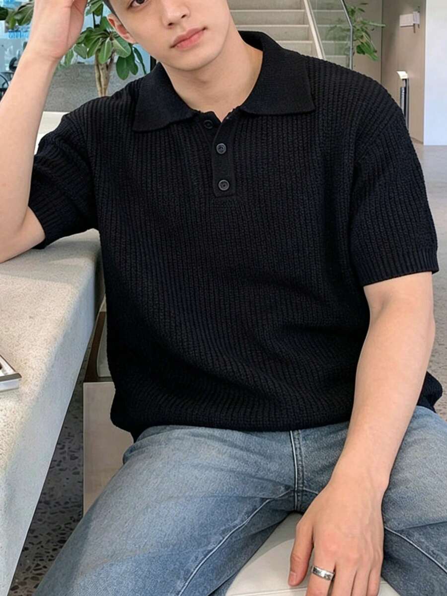 新款春夏男士纯色针织Polo领休闲宽松韩版商务通勤针织短袖上衣