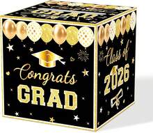Black Gold Graduation Card Box, Class Of 2026 Congrats Party Money & Gift Card Holder, Elegant Grad Party Decoration Supplies, 8.7-Inch Square - Black Gold - 查看 9