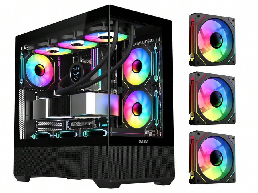 SAMA SV02 ATX Computer Gaming PC Case Mid Tower Black With 3 ARGB Fans Pre-Installed, Tempered Glass Transparent Side Panel,BTF Back Plug Motherboard Design - View 1