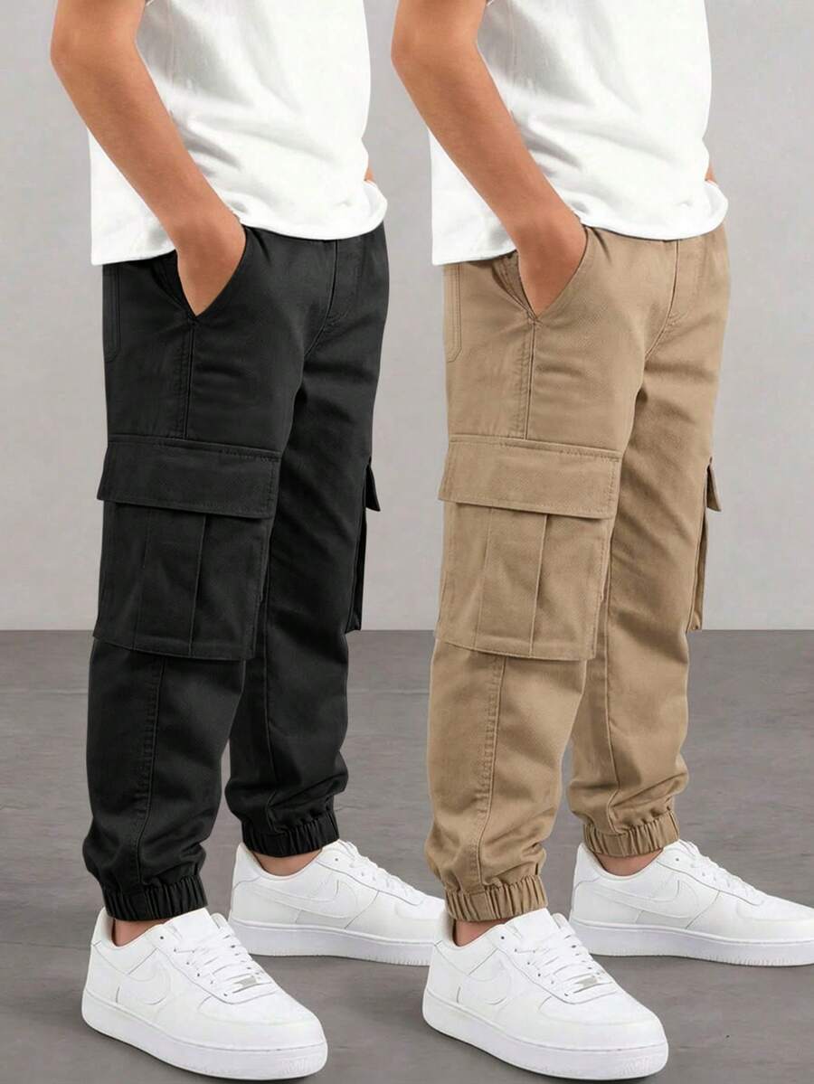 2pcs/Set Young Boy Fashionable Casual Multi-Pocket Cargo Pants, Versatile For Daily Wear - Black - View 1