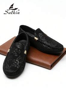 Salkin 男士设计师款莫卡辛鞋，奢华佩斯利花纹绒面革乐福鞋，柔软皮革商务休闲鞋，适合办公室、婚礼、派对、约会、节日礼物、休闲和运动场合。建议选购大一码。 - 黑色 - 查看 8