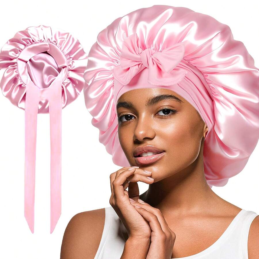Awegeo 1 pièce Bonnet en satin lisse pour femmes, design de couleur unie avec lien à ruban, bonnet de nuit à la mode, confortable et respirant, convient pour la protection des cheveux au quotidien/à la maison, coiffure, Saint-Valentin, été, plage, chapeau, vacances, voyage