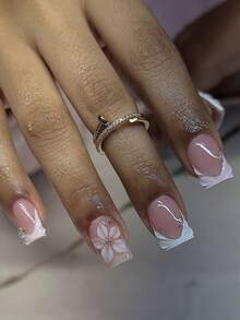 24片中号方形假指甲，白色法式3D雕刻可佩戴指甲，全覆盖可卸美甲，适合女士派对、舞会和日常佩戴 - 淺粉色 - 查看 2