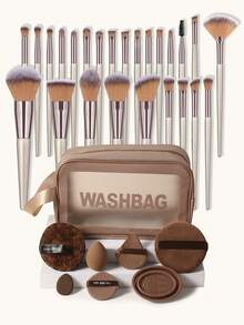 33 PIEZAS Juego de herramientas de maquillaje que incluye: 25 PIEZAS Juego de brochas de maquillaje + 1 pieza Bolsa de aseo y cosméticos multiusos con cremallera impermeable + 1 pieza Esponjas de limpieza facial + 1 pieza Esponjas de maquillaje + 1 pieza Borlas de polvo triangulares + 1 pieza Borlas de polvo circulares + 1 pieza Mini esponjas de maquillaje + 1 pieza Borla de polvo de cojín de aire + 1 pieza Herramientas de limpieza de brochas de maquillaje, todo en uno y fácil para principiantes | Listo para viajar y regalar | Perfecto para principiantes/ella - Marrón - Ver 1