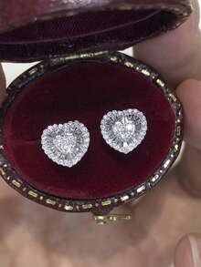 一对几何闪亮立方氧化锆心形耳钉，简约奢华优雅甜美设计，百搭饰品，适合女性日常佩戴 - 銀色 - 查看 2