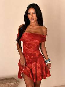 Women's Off-Shoulder Bright Floral Print Pleated Spring/Summer Dress - Red - View 5
