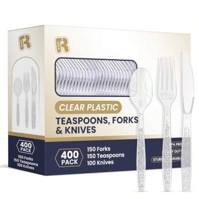 400 Pcs Plastic Silverware Heavy Duty - Clear Forks Spoons And Knives Set -  Heat Resistance Plastic Cutlery Disposable Silverware For Party