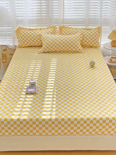 3pcs Bedding Set, Multicolor Plaid Pattern, Soft & Comfortable Bedding, Including 1pc Fitted Sheet And 2pcs Pillowcases, No Filling, Suitable For Dorm, Bedroom, Home Use, Multiple Sizes Available