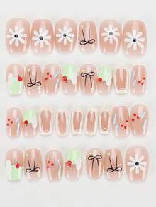30pcs Short Square/Cute Healing Style Nail Stickers, With Translucent Nude Pink Base, Featuring 3D Cake, Small Flowers, Bows And Other Playful Elements, Soft And Adorable Style, Vibrant, Suitable For Spring/Summer Daily Commute Or Girly Outfits Press On Nails - Multicolor - View 3