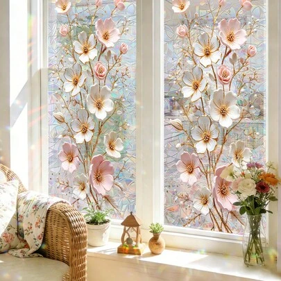 1/4 pièces Film de confidentialité à fleurs de tulipes et blanches, autocollant à effet arc-en-ciel en PVC réutilisable avec adsorption électrostatique, convient pour les salles de bain, les salons, les chambres à coucher et comme une belle décoration murale pour la maison.