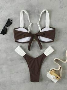 New Spring/Summer Women's Brown & White Contrast Ruched Sexy Elegant Beach Vacation Date Party Bikini Set - Multicolor - View 3