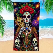 1条星空骷髅女王沙滩巾，超柔软超大沙滩毯，超强吸水浴巾，适合旅行、游泳池、潜水、冲浪、瑜伽、露营，多种尺寸可选，沙滩、泳池、旅行、露营、瑜伽必备用品 - 骷髏人星空 - 查看 2