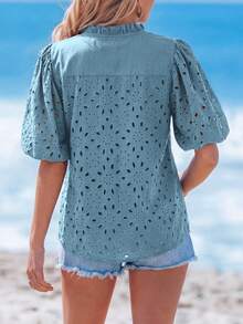 PRETTYGARDEN Women's Summer Clothes Tops Fashion Casual Short Sleeve V Neck Buttons Hollow Eyelet Lace Embroidered Blouses Shirts Festival  Beach Vacation - 灰藍色 - 查看 2