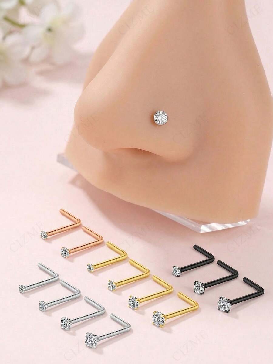 CIZME 4件装 20g/22g 鼻钉 1.5/2/2.5/3mm 闪亮钻石鼻钉 银色 金色 黑色 L型骨形鼻钉 男女日常佩戴 - 4pcs/set - 查看 1