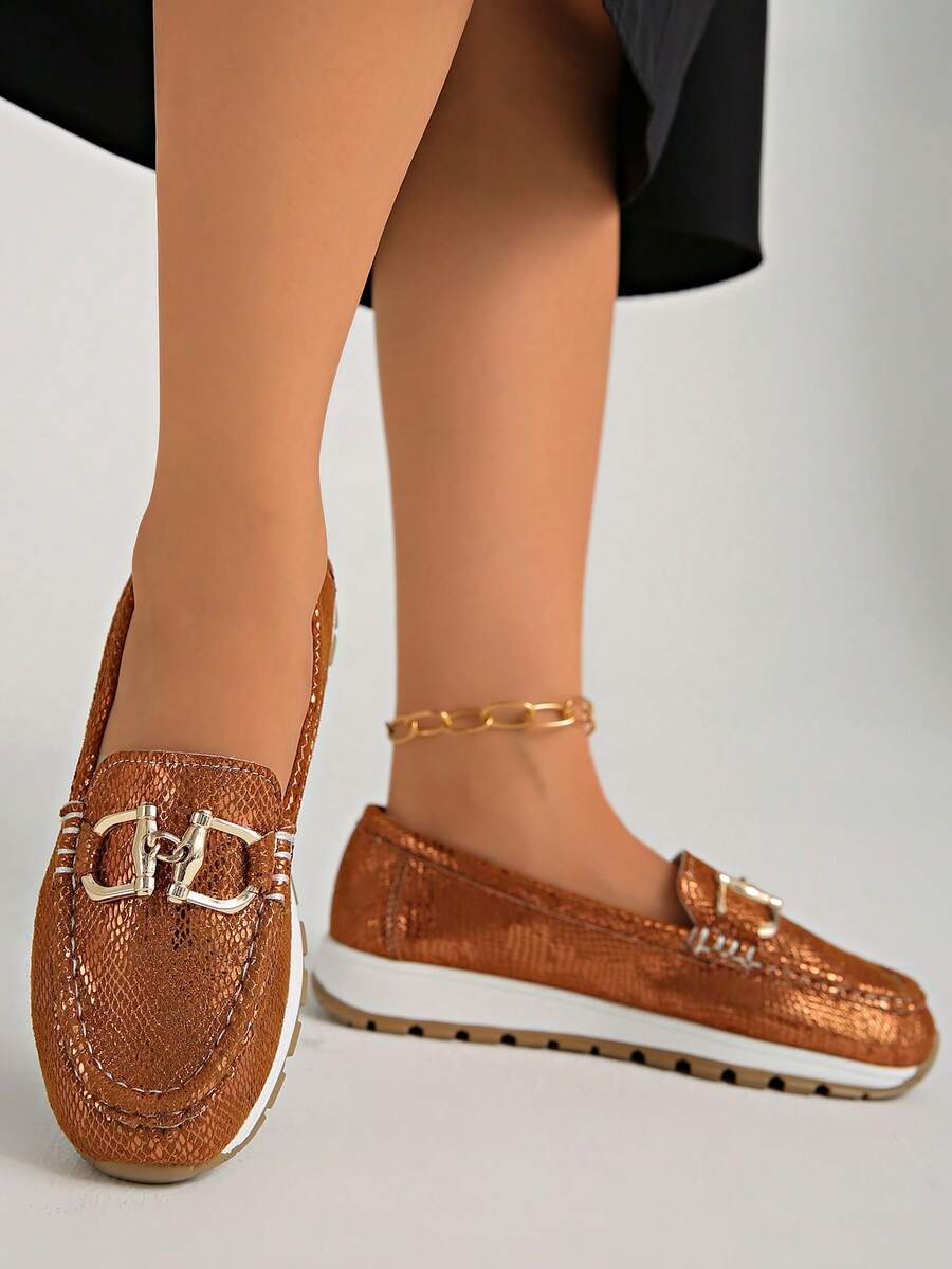 Zapatos tipo mocasín con decoración de cadena metálica, calzado de mujer de moda, estilo británico retro, cómodos para uso casual/laboral - Naranja Quemada - Ver 1