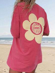 Summer TopsWomen Y2k Oversized Graphic Tees Floral Print Short Sleeve Crewneck T Shirts Loose Fit Summer   Tops For Teen Girls Aesthetic Clothes 2000s Beach Shirts For Women StreetwearLoose And Comfortablesummer Clothes Summer Outfits For Women - 珊瑚粉 - 查看 4