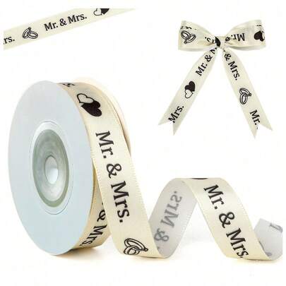 Mr & Mrs Newlywed Printed Satin Ribbon, Thin Soft Fabric Decorative Ribbon For Wedding Bridal Shower, Flower Bouquet, Hair Bow, Gift Box Wrapping, Wedding Party Table Decoration
