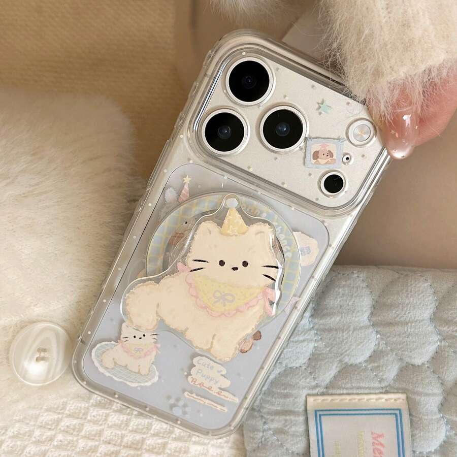 Kavenfort Cute Transparent Magnetic Phone Case With Blue And Pink Kitty Pattern, Comes With Magnetic Stand, Soft & Adorable Cat Magnetic Stand Suitable For IPhone 17 Pro Max, Also Fits Apple 16, 13, 11, 15. Transparent, Anti-Drop, Creative, Geometric, Cartoon Style, Cute, Fresh, Niche, Ins Style - Clear - View 1