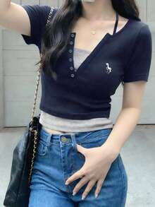 Fashionable Short Sleeve T-Shirt For Women, Summer New Arrival Casual - Navy Blue - View 4
