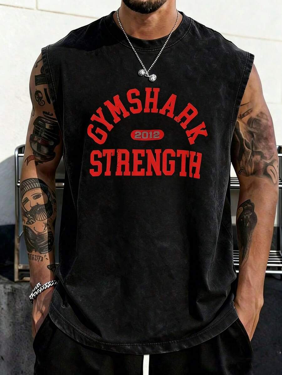 Men's Printed Vintage Washed Vest, Loose Fit, Casual Street Style, A Must-Have Item For Street Wear And The Gym. - màu đen - Xem 1