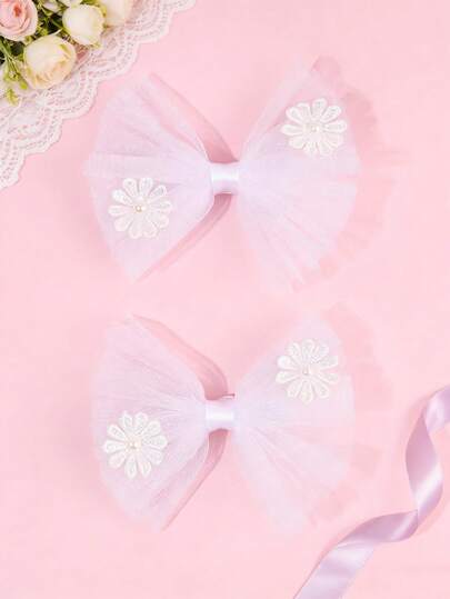 2个白色母亲节蝴蝶结发夹，薄纱花朵刺绣蝴蝶结发饰，甜美婚礼发夹，优雅雏菊发卡，可爱Y2K风格发饰，女孩生日礼物，夏季