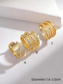 1-3枚开口立方氧化锆订婚戒指套装，叠戴精致婚礼日常佩戴戒指，粗款女士戒指 - 金黃色 - 查看 6