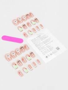 30pcs Short Square/Cute Healing Style Nail Stickers, With Translucent Nude Pink Base, Featuring 3D Cake, Small Flowers, Bows And Other Playful Elements, Soft And Adorable Style, Vibrant, Suitable For Spring/Summer Daily Commute Or Girly Outfits Press On Nails - Multicolor - View 2