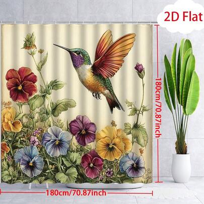 2D Flat Hummingbird & Colorful Floral Shower Curtain 1Pc, Vintage Botanical Spring Design, Polyester Fabric With Hooks, 70.87 X 70.8 Inches, Ideal For Bathtub & Bathroom Partition Decor