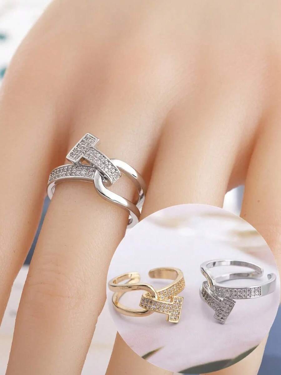 Nhẫn chữ T sang trọng thiết kế lồng vào nhau, đính đá pha lê trong suốt, mạ vàng/bạc, thích hợp làm quà tặng. - T - Xem 1