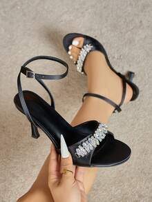Women's Stiletto Heel Sandals With Rhinestone Decor, Round Toe Open Toe Slingback Dress Pumps, Elegant Comfortable Commuting Fashion High Heels With Bowknot Backless Design, Black - Black - View 1