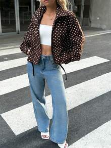 Chaqueta bomber de mujer casual y elegante con lunares azules para vacaciones, chaqueta exterior corta y con estilo, moda callejera Y2K, adecuada para vacaciones y deportes - Marrón - Ver 3