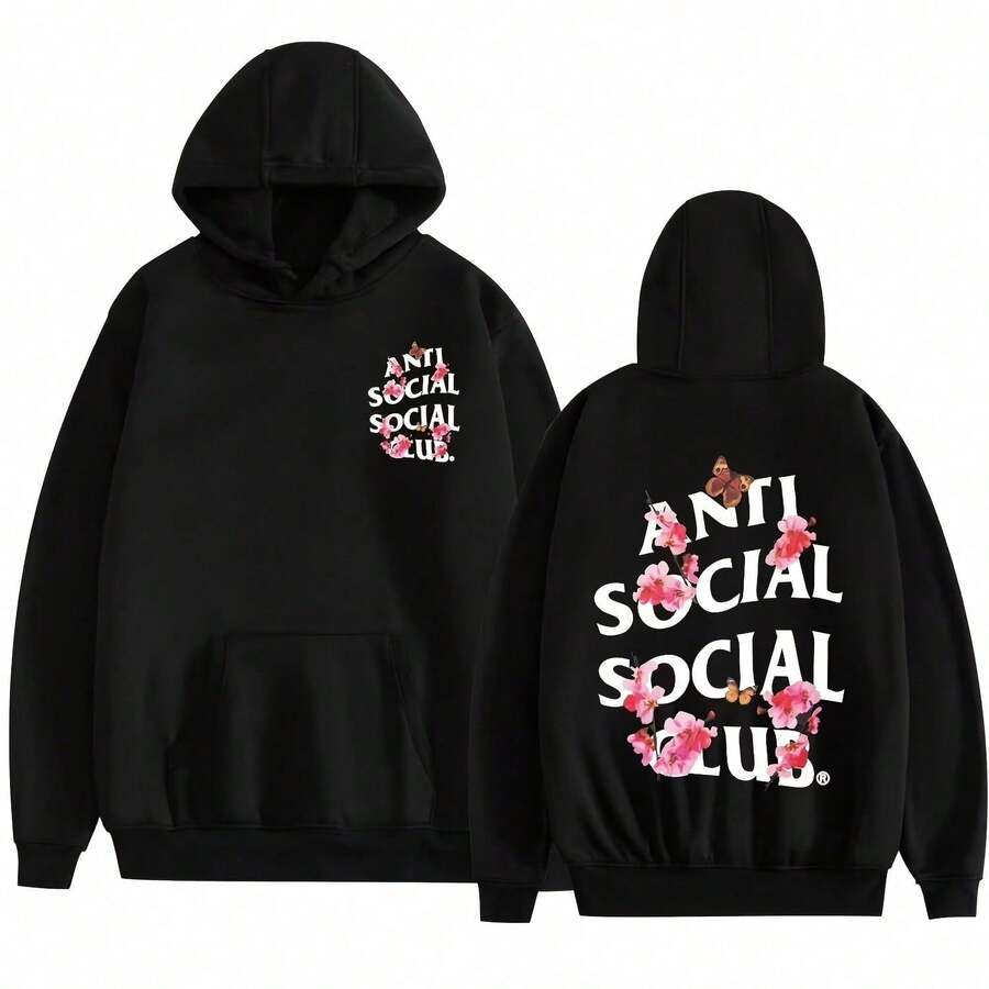 Fosskos Anti Social SocialD Club Hooded Sweatshirt ASSC American High Street Pullover Sweatshirt Letter Clothing Unisex - 黑色 - 查看 1