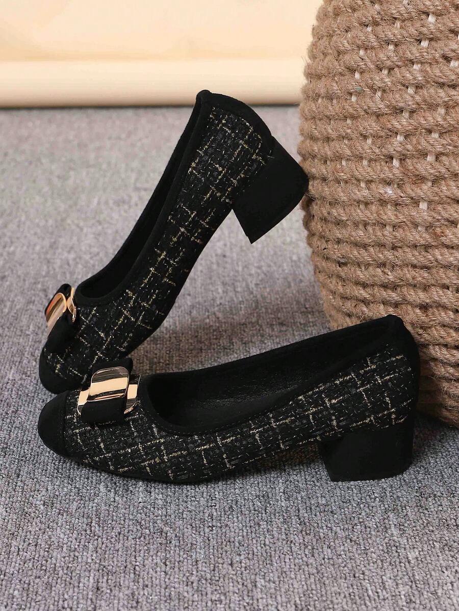 Giày lười mũi vuông gót chunky, giày nữ đa năng, giày lười thời trang, gót cao màu đen, cỡ 35-43 (lớn hơn 1 cỡ) - Vàng đen (khóa vuông) - Xem 1