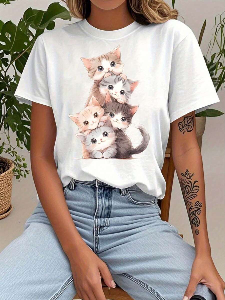 Playera Blanca para Mujer con Estampado de Gatitos Tiernos Kawaii, Camiseta de Manga Corta Cuello Redondo de Gatos Dibujos Animados, Top Casual Suelto de Verano Moda Coreana, Ropa de Mujer Estilo Aesthetic Lindo - Blanco - Ver 1