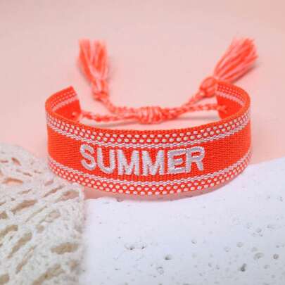 1pc Embroidered "SUMMER" Handmade Woven Bracelet, Suitable For Family, Friends, Students, Holiday Gifts, Party, Beach Travel, Boho Style